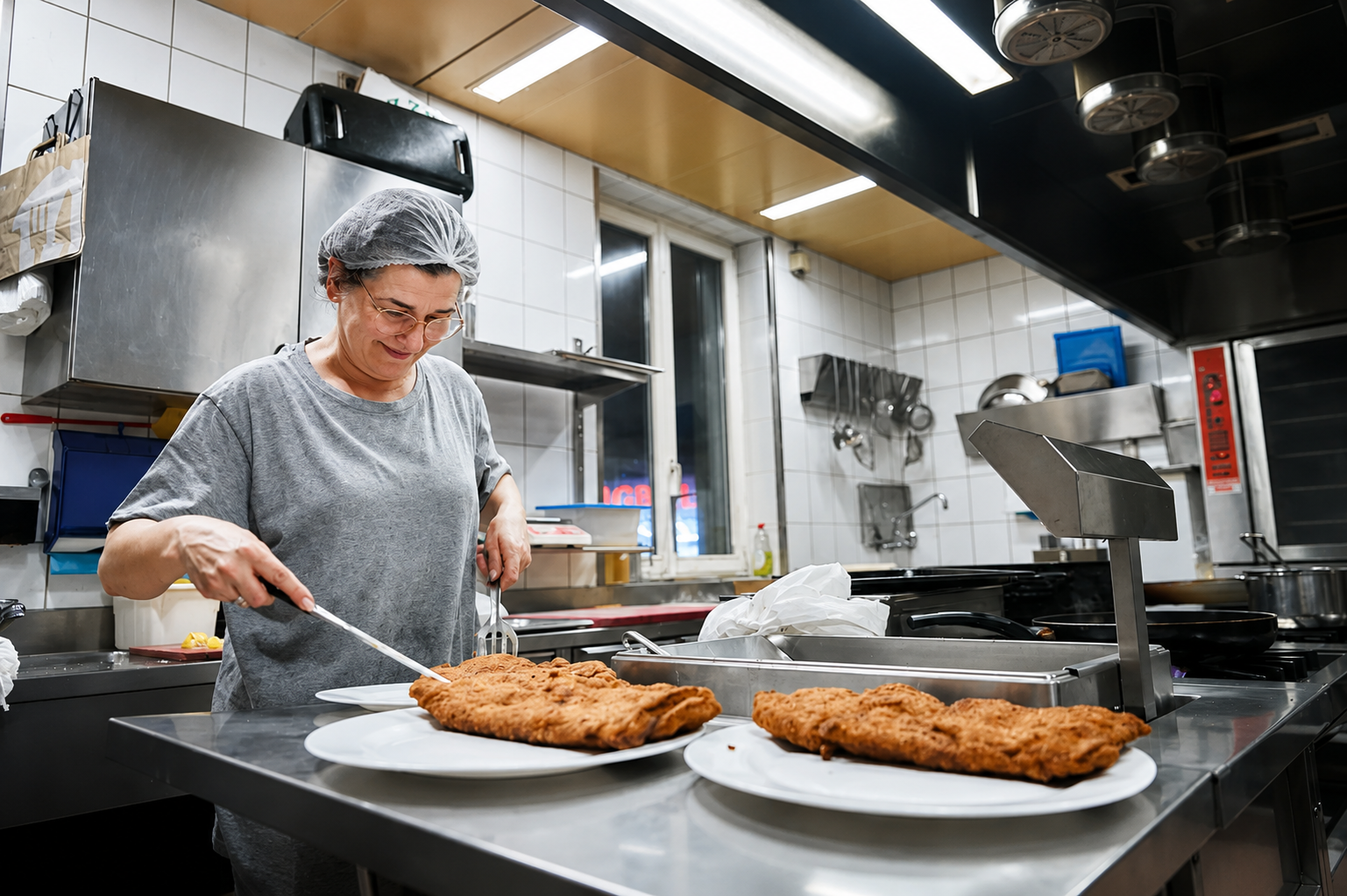 Köchin in der Küche des Restaurant Tramway